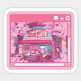 The aesthetic Tokyo street with vending machines and a grocery store Sticker